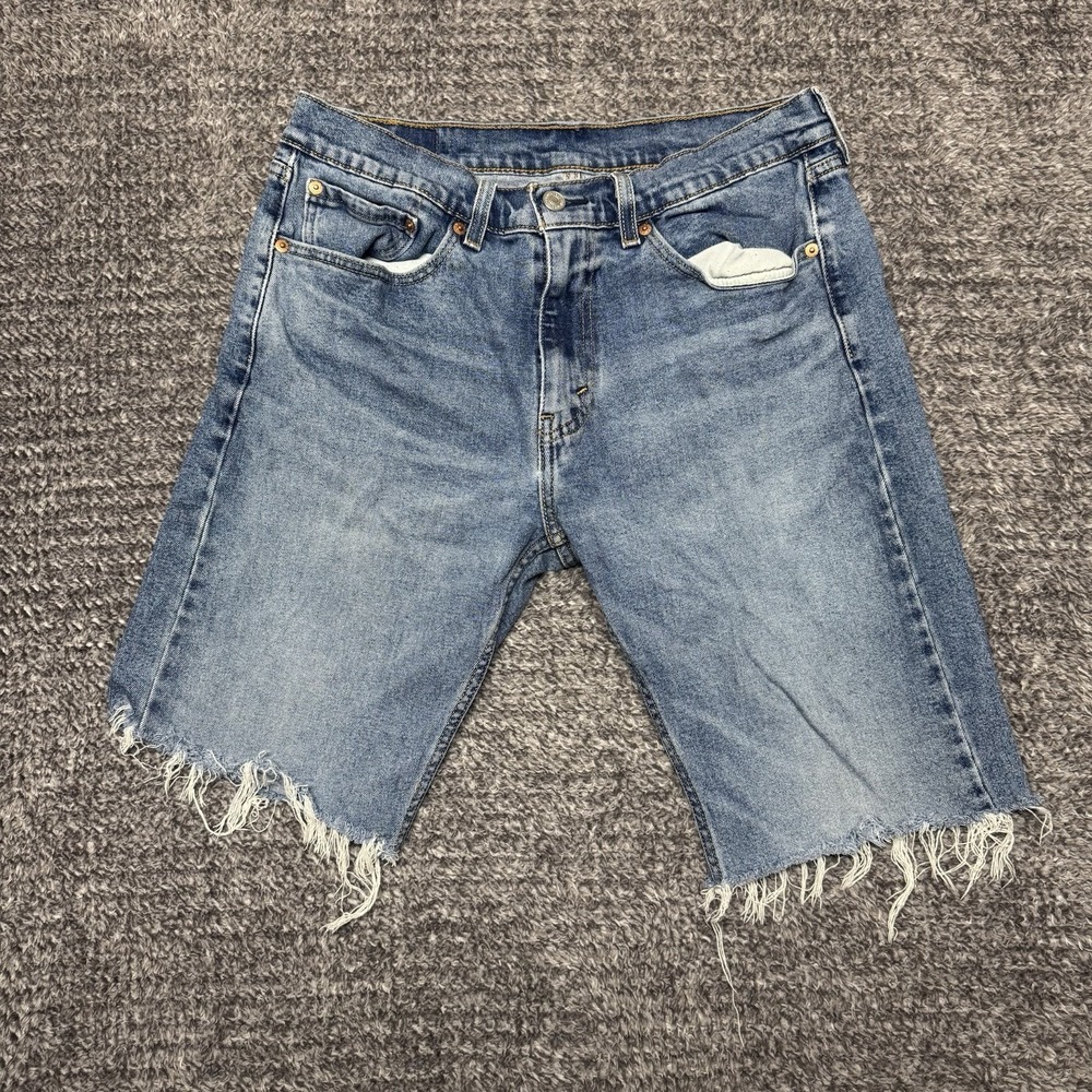Levi's 505 Jean Shorts Mens 32 Blue Light Wash Distressed Cut Off Denim